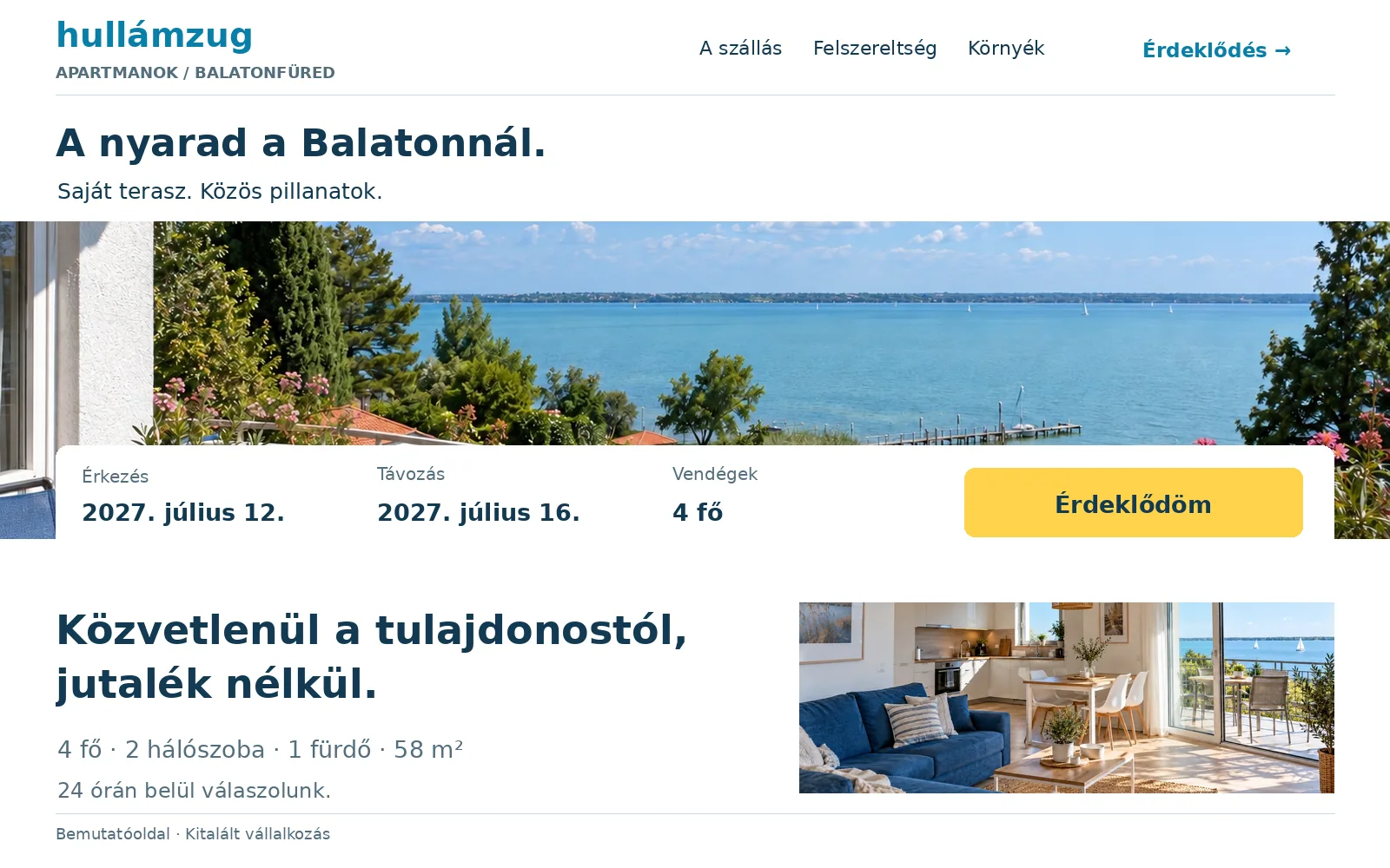 Apartman-weboldal minta: a Hullámzug mintaapartman kezdőlapja