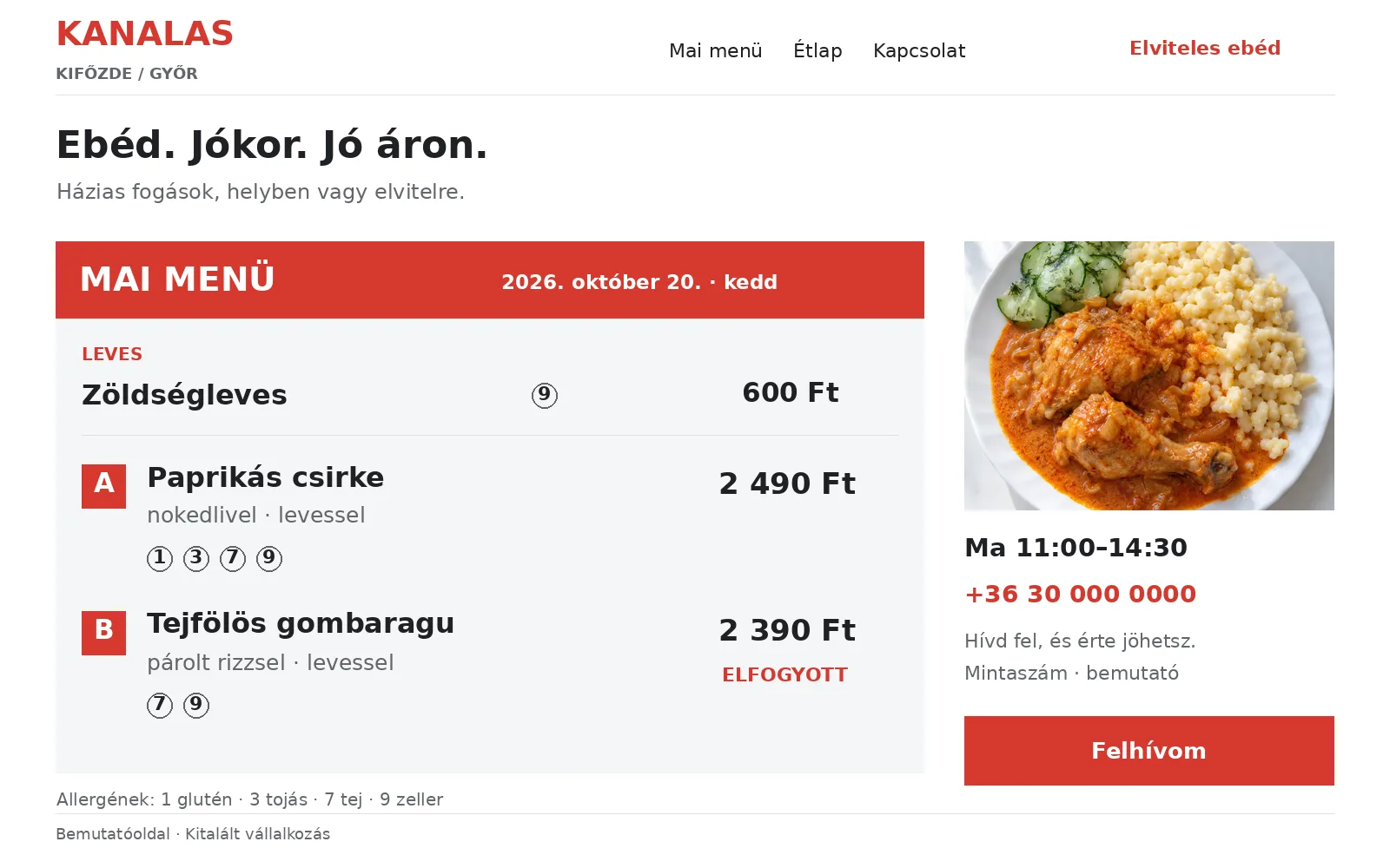 Éttermi weboldal minta: a Kanalas mintakifőzde kezdőlapja a mai menüvel
