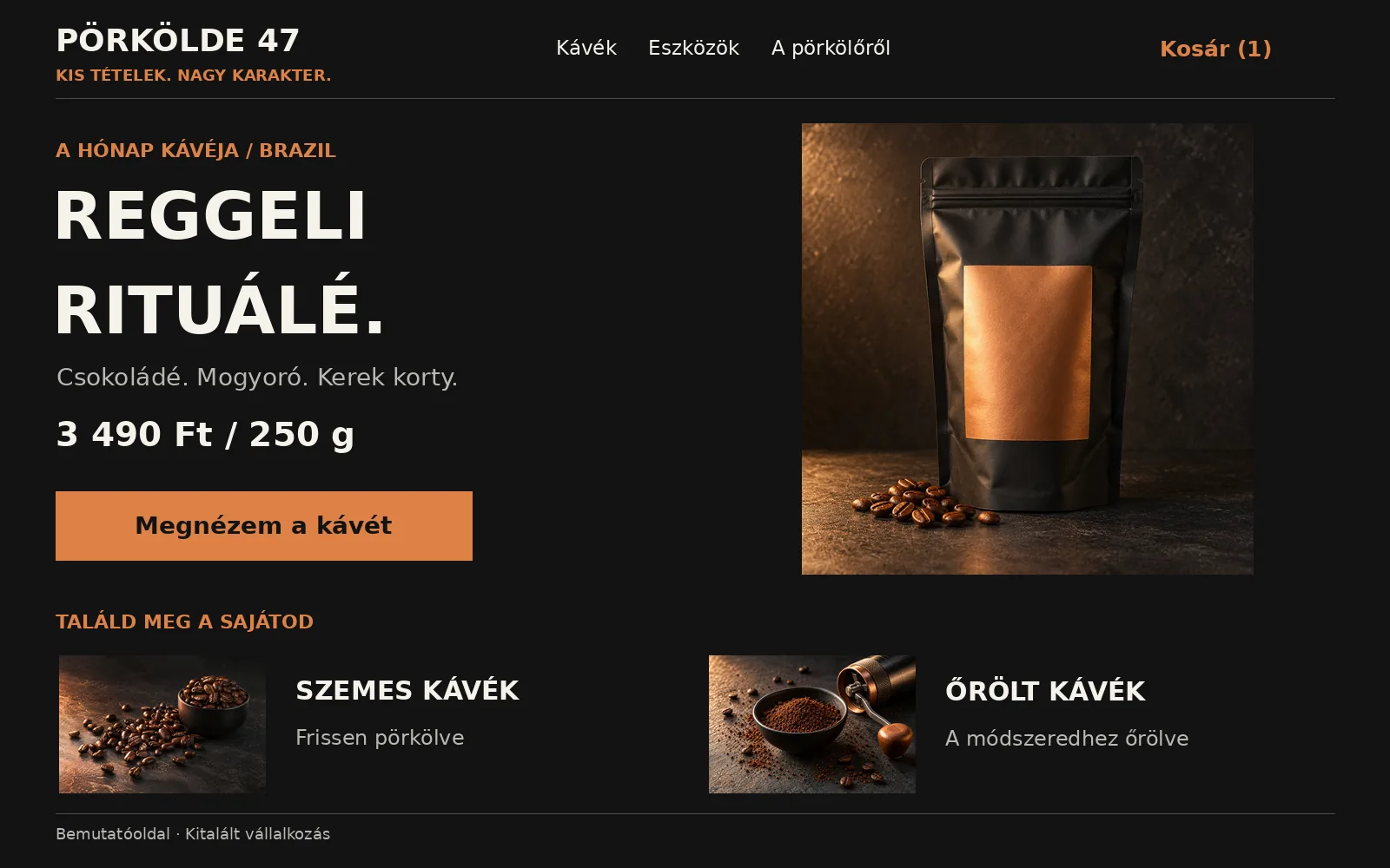 Webshop-indító minta: a Pörkölde 47 mintabolt kezdőlapja